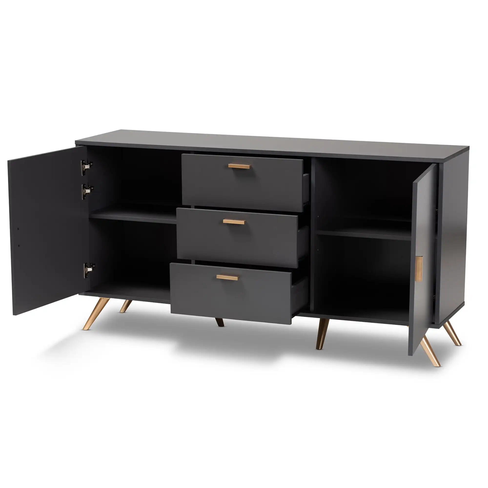 Modern and Contemporary Dark Grey and Gold Finished Wood 2-Door Sideboard Buffet