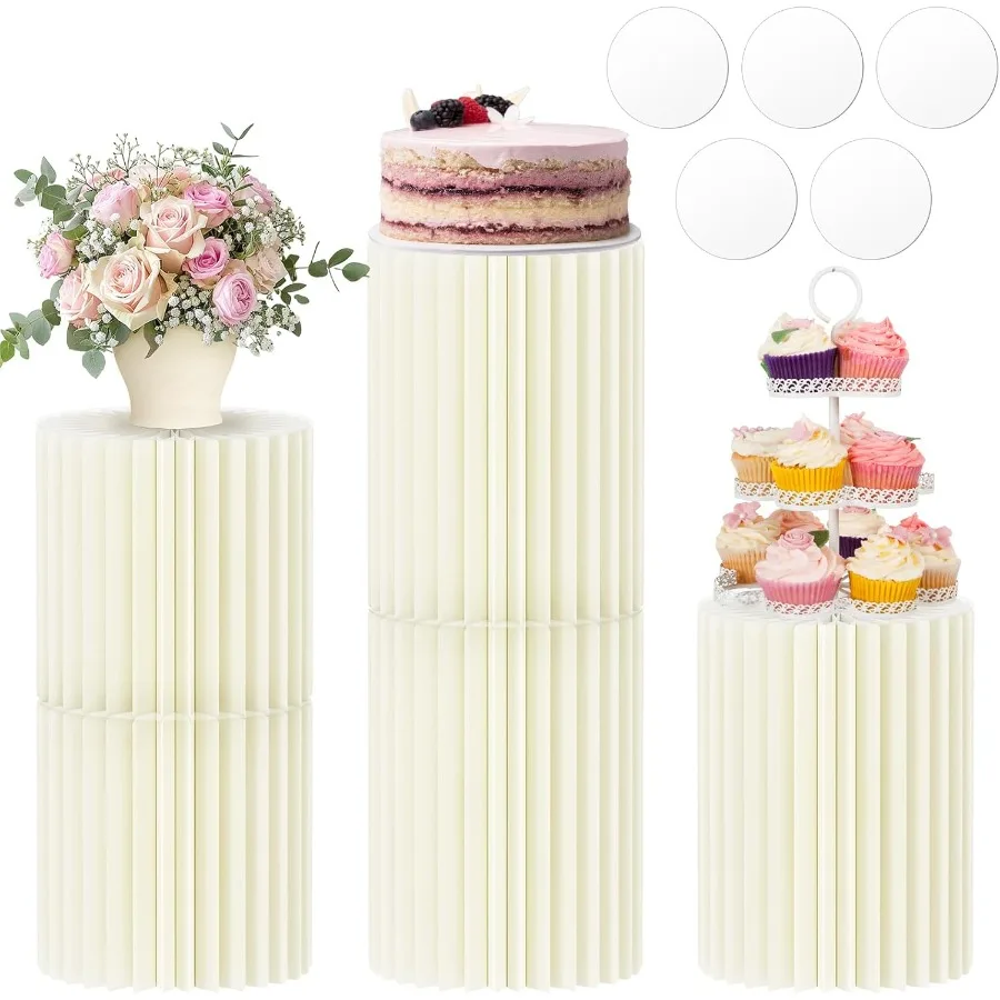 

Cylinder Stands for Party5 Pcs Paper Cylinder Pedestal Stand with Acrylic Disc Foldable Round Pillars Pedestal Cake Stands for
