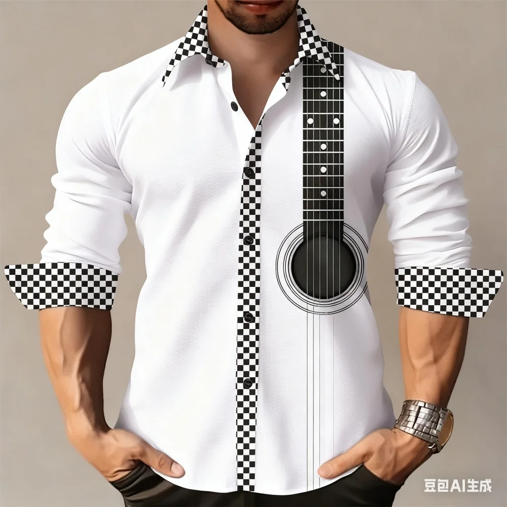 Men's Spring Autumn Long Sleeve Music Print Shirt Casual High Quality Collar Button up for Party Wedding Streetwear