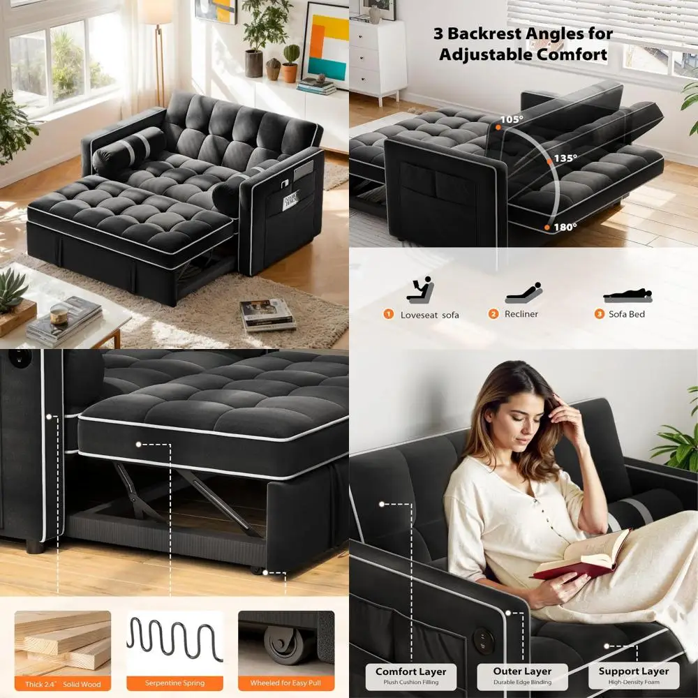 Pipishell 3 in 1 Convertible Sleeper Sofa Bed,Pull Out Couch for Living Room with USB Ports & Side Pockets,Adjustable Backrest,V