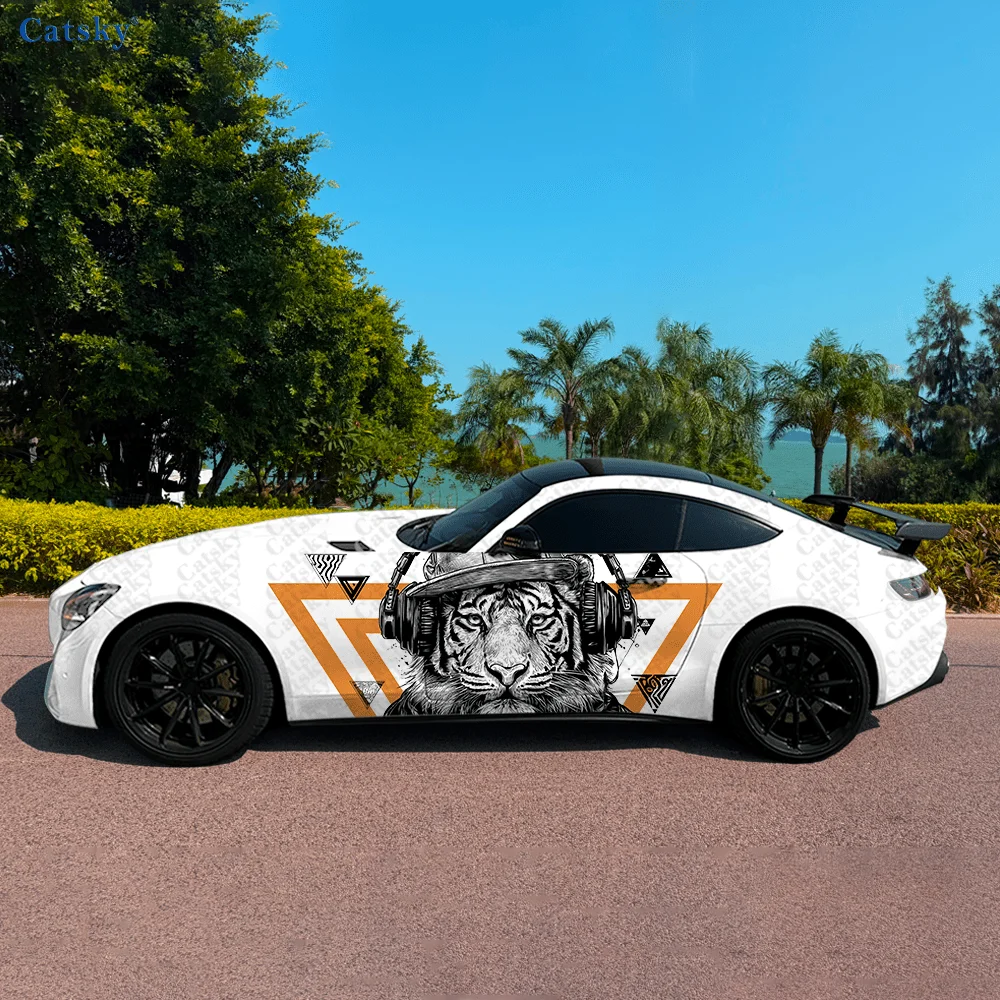 Fashionable Tiger Headset Car Side Sticker Decor, PVC Waterproof Scratch Resistant Decal, Car Protection, Auto Accessories Gift