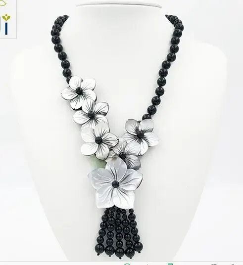 New Natural Stone Onyx Black Mosaic stone Shell Flowers Handmade Tassel Necklace