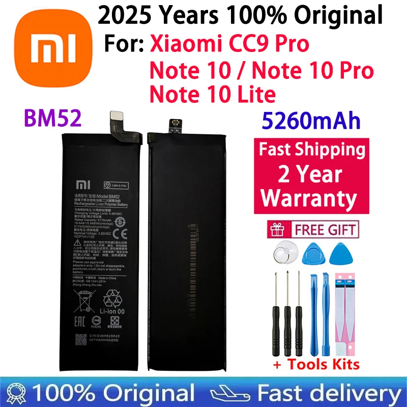 

2025 Years New Original Battery BM52 For Xiaomi Mi Note 10 Lite /Mi Note 10 Pro / CC9pro CC9 Pro 5260mAh Batteries Fast Shipping
