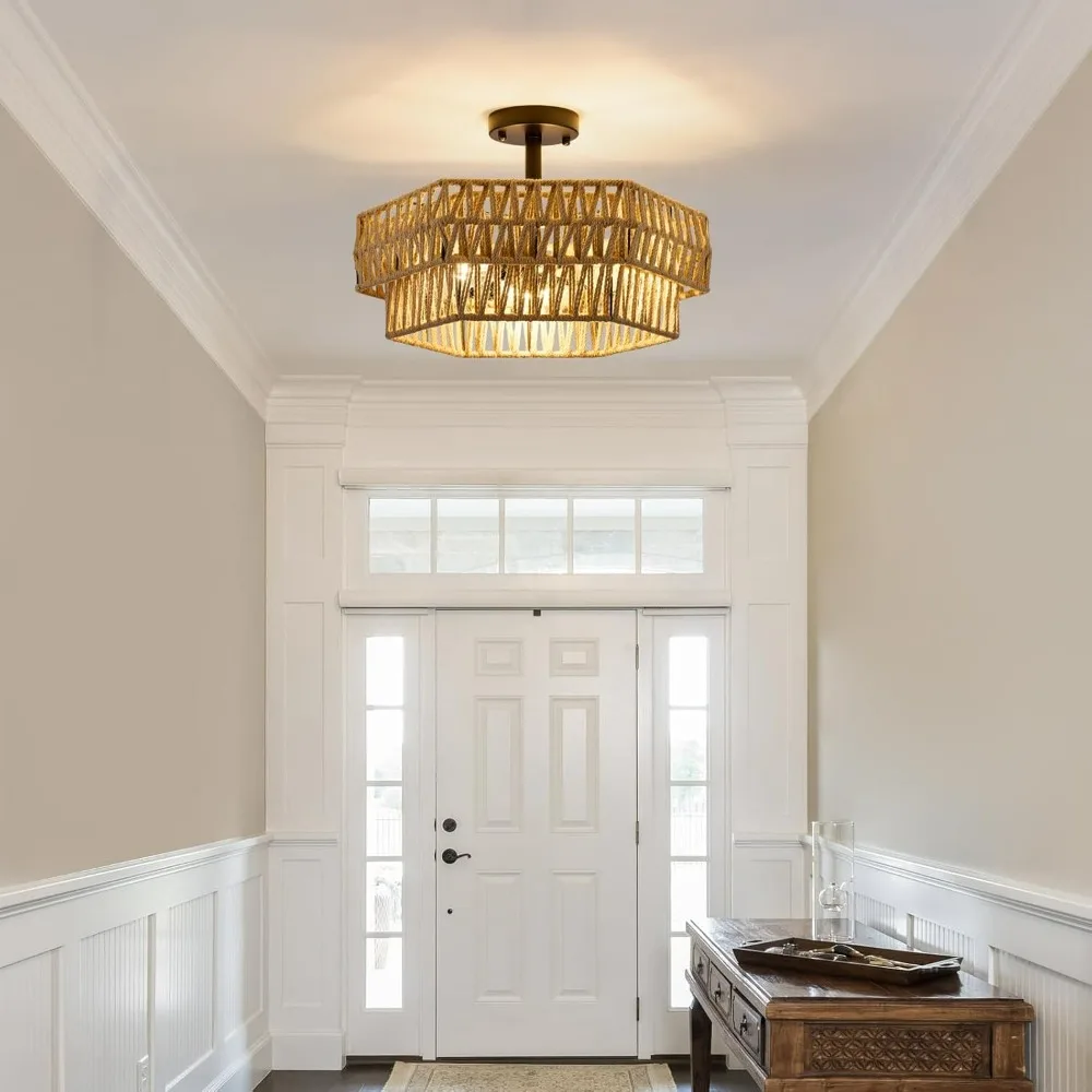 ريفي بوهو 3-Light شبه فلوش جبل تركيبات السقف مع حبل القنب المنسوج وتصميم سداسية مزدوجة #6