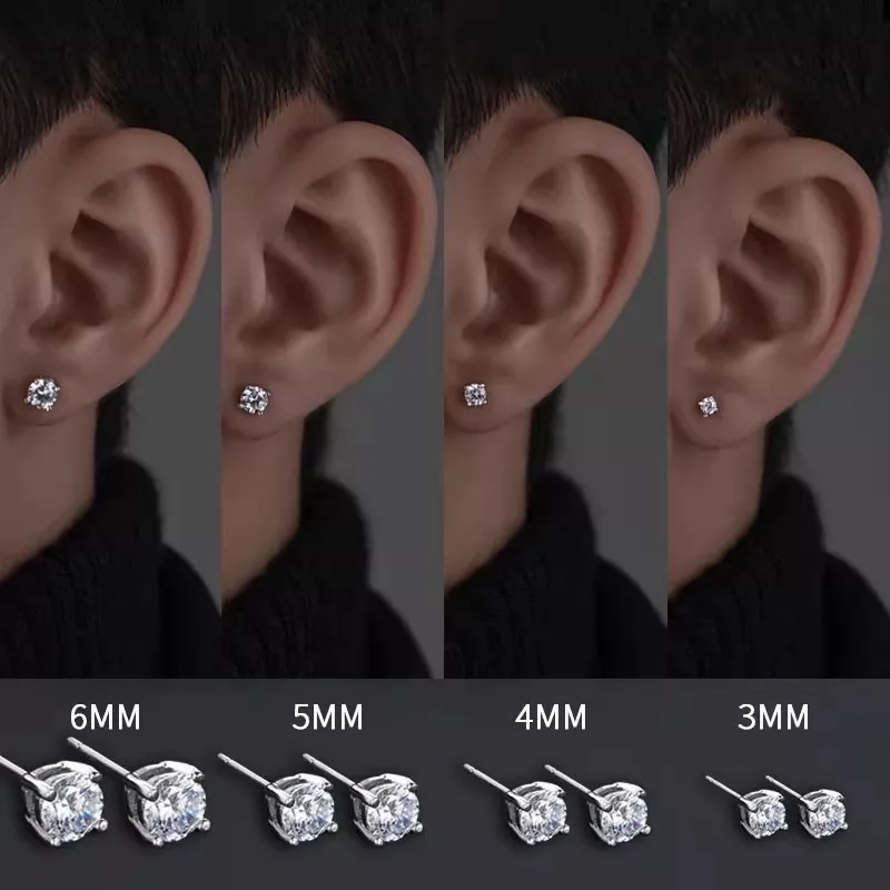 

925 Sterling Silver Classic Fashion 4mm 5mm 6mm 7mm 8mm Five Claws Zircon Stud Earrings For Women Men Gift Oorbellen