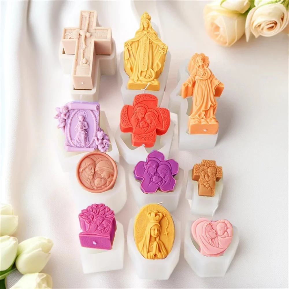 Mini crucifixo jesus virgem anjo vela molde de silicone diy santos estátua vela resina gesso artesanato molde igreja decoração para casa