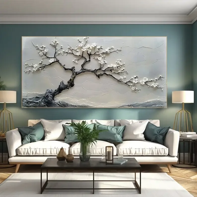 Large-sized 1pc frameless Canvas Painting 2D/Flat 1pc Extra Large White Blossom Tree Canvas Wall Art, Noframed Modern Textured C