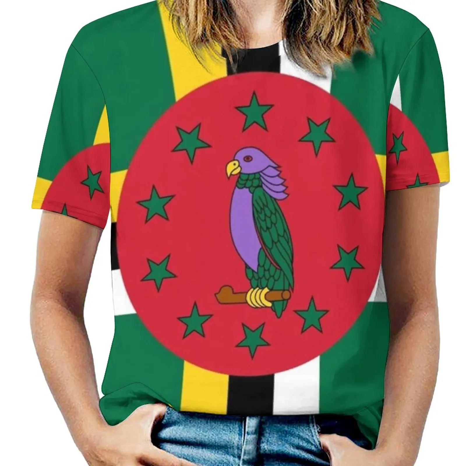 Flag Of Dominica New Fashion Zip Off Shoulder Top Short-Sleeve Women Shirt Flag Of Dominica Dominica