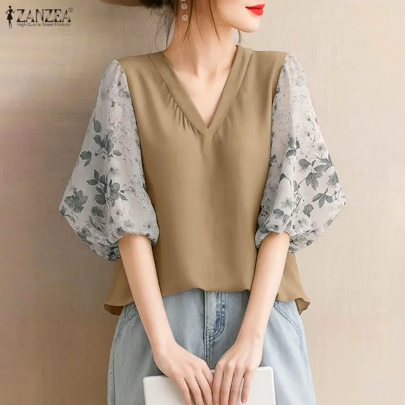 Vrouwen Zomer Patchwork Blouse 2025, ZANZEA Elegant Office Shirt Stijlvol Casual V-hals 3/4 Mouw Tuniek Tops Vrouwelijke OL Werk Blusas