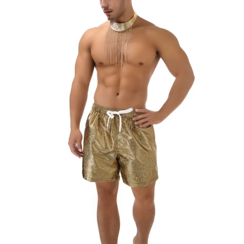 

2 шт./компл., мужские блестящие шорты, брюки + винтажное ожерелье с кисточками, сценические костюмы для косплея, брюки, купальники, шорты, брюки 2XL