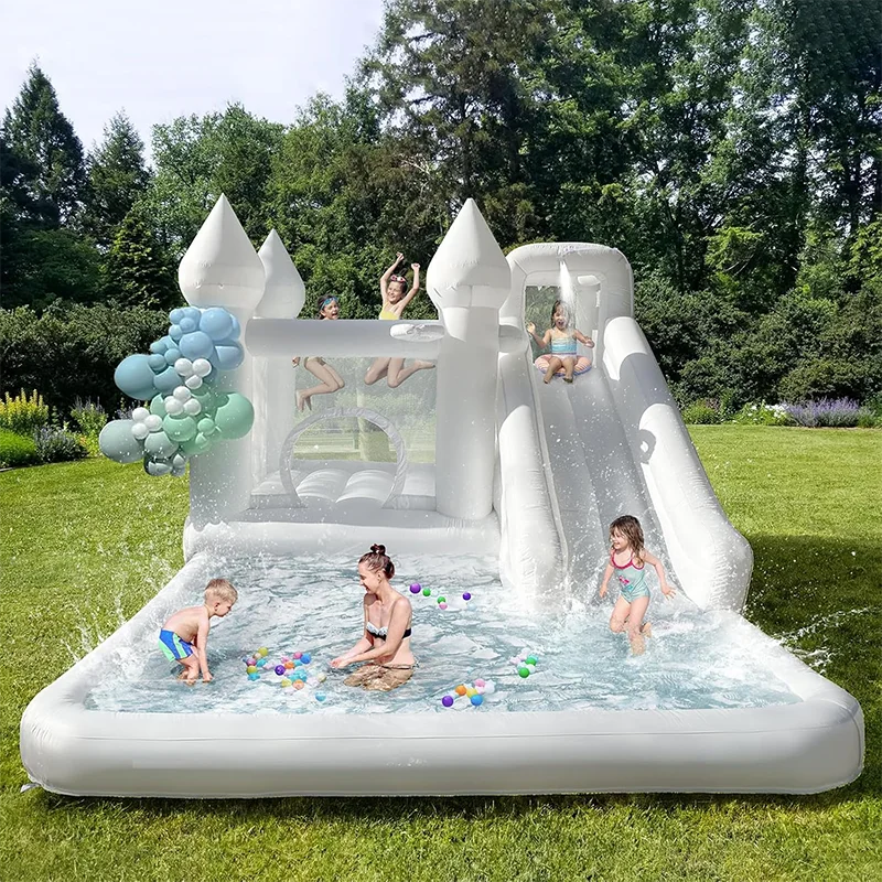 白い大型インフレータブルウォータースライダープール子供用夏の水遊びバウンスハウスボールピット付き幼稚園プレイハウス屋外