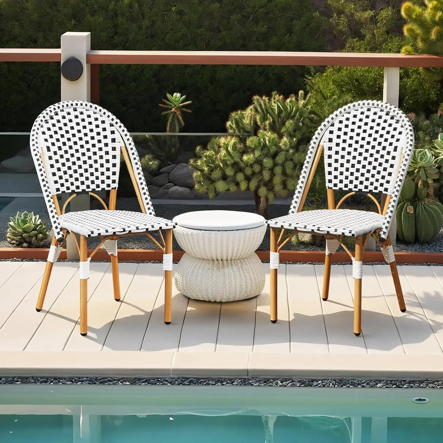 #French Bistro Wicker Patio Dining Chair Set Hand-Woven Rattan Print Finish Porch Garden Indoor
