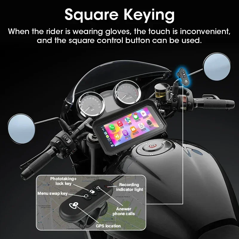 6.25 inch Motorcycle GPS Navigation Wireless Carplay Android Auto IPX7 Waterproof Dual BT Moto Dash Cam Support 4K+1080P TPMS