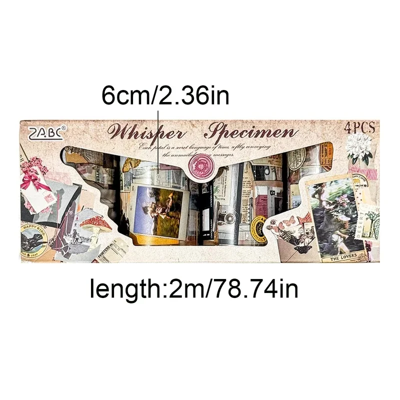 4 Rolls/Box 60mm X 2m Vintage Collage Clear PET Tape, Waterproof Self-Adhesive Multi Pattern for Scrapbooking DIY Craft Decor