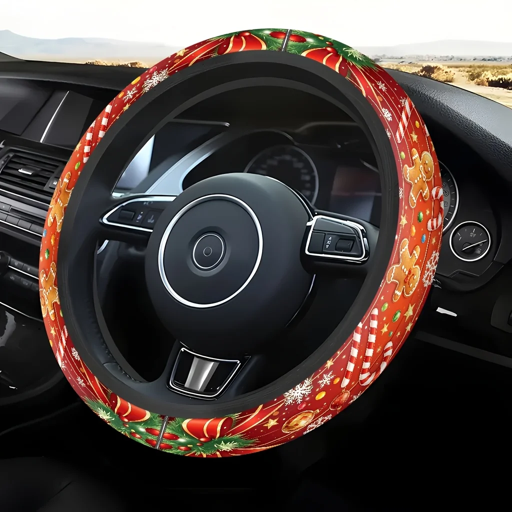 1pc 2D Printed Gingerbread Man Candy Cane Christmas Theme Car Steering Wheel Cover - Seamless Design, Enhanced Grip And Style