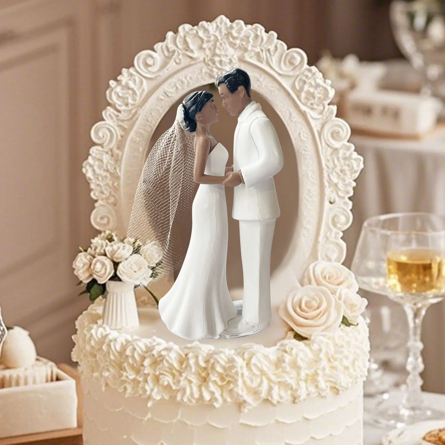 Eleganter Hochzeitstortenaufsatz für Braut und Bräutigam mit Schleier, 10,2 cm – Jubiläum, Brautparty, Verlobungsfeier-Dekoration – Detail 10