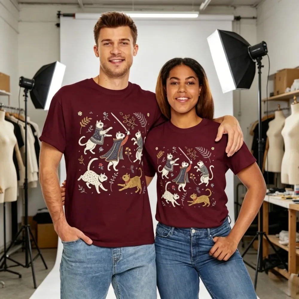 Medieval Cats Unisex Shirt Fantasy Graphic T-Shirt Medieval Cat Lover Gift Men Women Renaissance Feline Tee Mythical Kitty Top