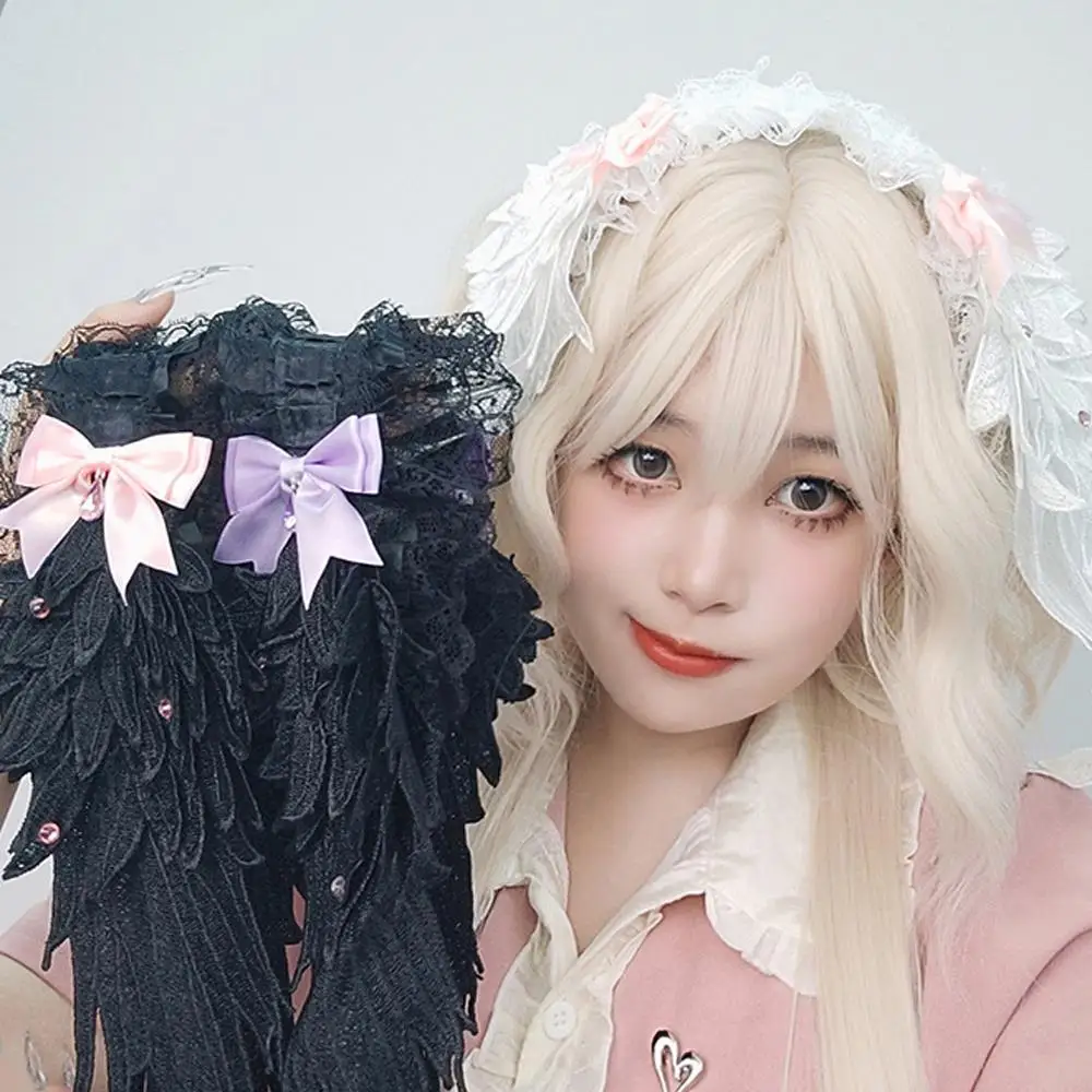 

Bow Decor Lace Headpiece Cosplay Halloween Hair Bands Handmade Ruffled Angel Wing Black White Headband Y2K Lolita Hair Accessory