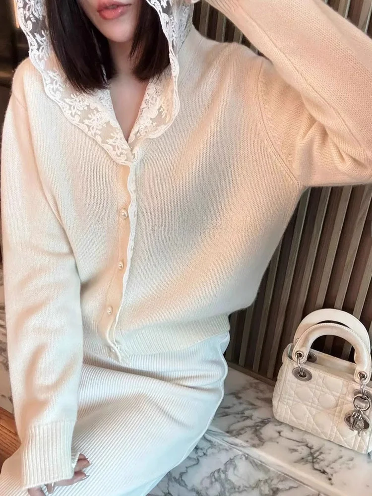 العصرية الدانتيل مقنعين محبوك سترة مفتوحة زر واحد تنوعا عارضة تخفيف ملابس خارجية الكورية Sle فضفاضة تناسب طويلة Sve #2