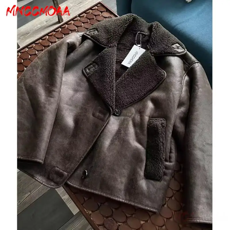 MNCCMOAA 2023 High Quality Winter Women Vintage Long Sleeve Warm Faux Fleece Jacket Coat Female Casual Solid Pocket Outwear Tops