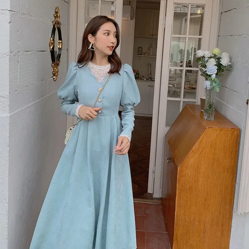 Spring French Patchwork Dress Women Elegant Blue Lace Designer Fairy Dress Female Puff Sleeve Kawaii Korean One-piece Dress 2024