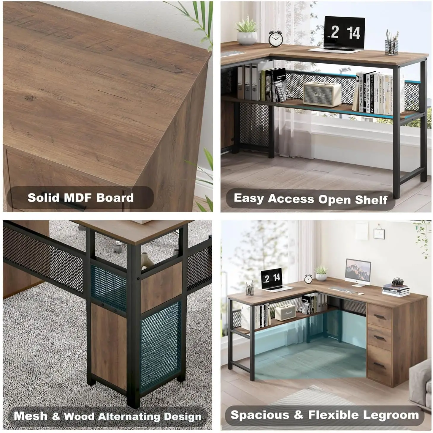 مكتب على شكل حرف L، مكتب كمبيوتر كبير، مكتب ألعاب تنفيذي قابل للعكس، طاولة خشبية معدنية، بلوط ريفي 59 بوصة #6