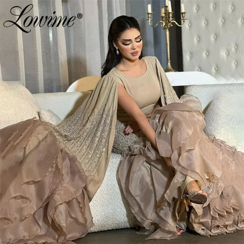 Dubai Cape Sleeve Middle East Arabic Evening Dress 2024 Handmade Crystal Beaded Mermaid Prom Dress Plus Size Customize For Party