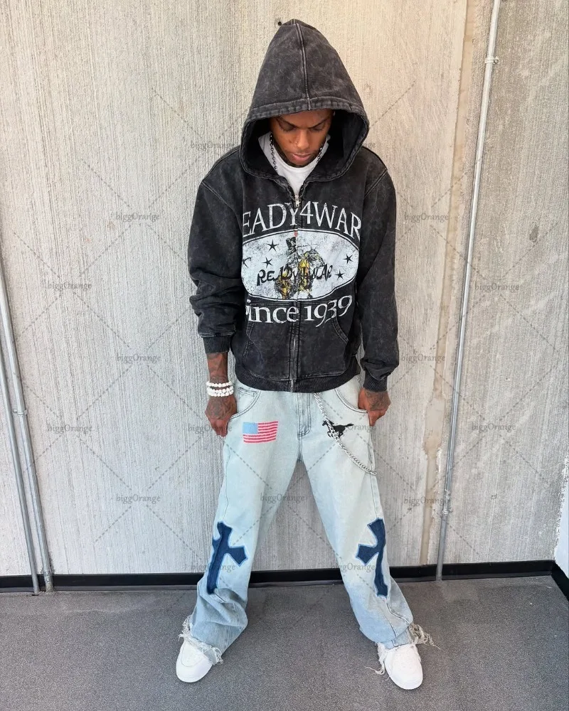 

Street Hip-hop Retro Letter Pattern Casual Loose Zipper Hoodie Men Harajuku Y2K Washing Fashion Punk Oversized Sweatshirt Women