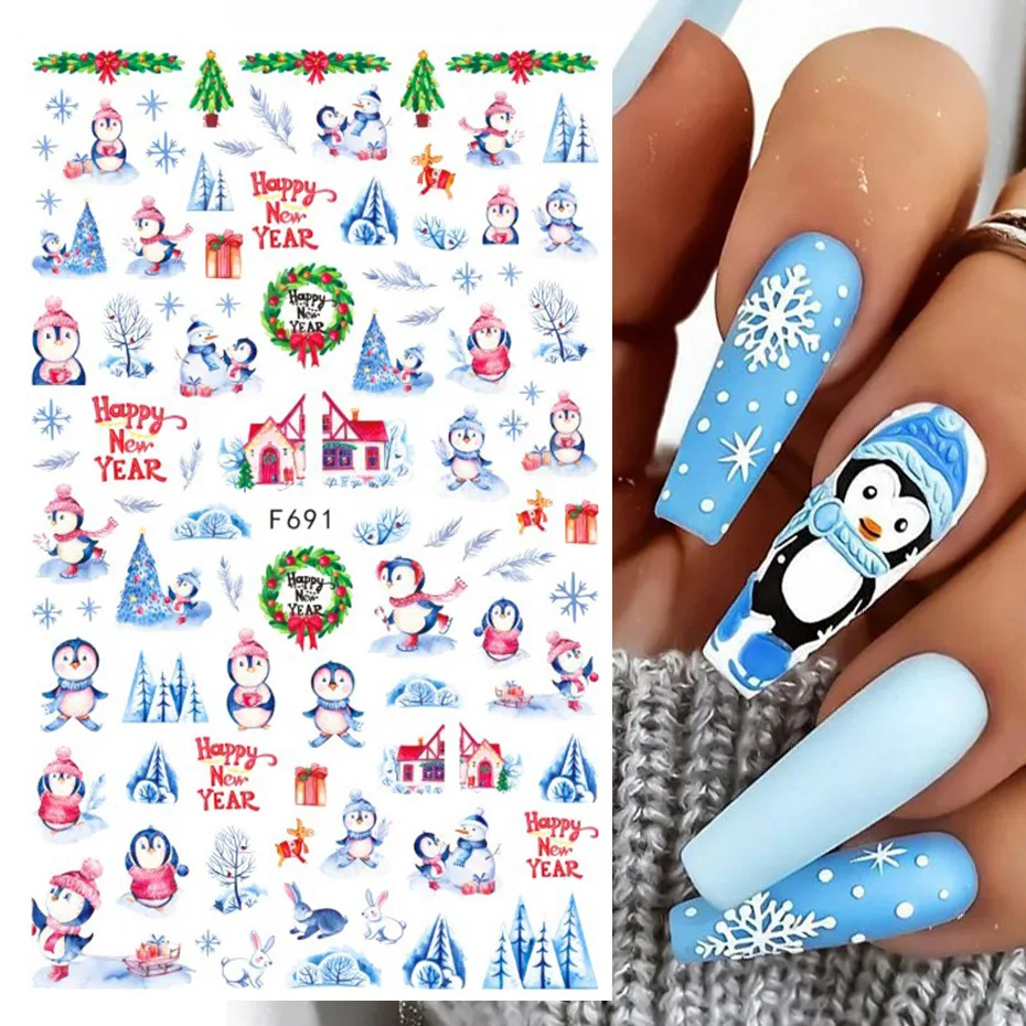 Pegatina navideña para uñas, copo de nieve, Urraca, pájaro, hoja deslizante 3D, diseño de Halloween, Año Nuevo, decoración, manicura, lámina de