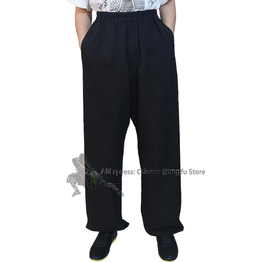 Black Loose Fitting Tai Chi Wudang Shaolin Kung fu Pants Wing Chun Qigong Meditation Trousers Cotton Linen