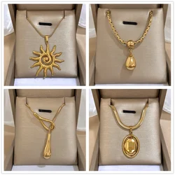 Stainless Steel Multiple Simple Waterdrop Sun Oval Pendant Necklaces Gold Color Sweater Chain Accessories Party Jewelry Gift