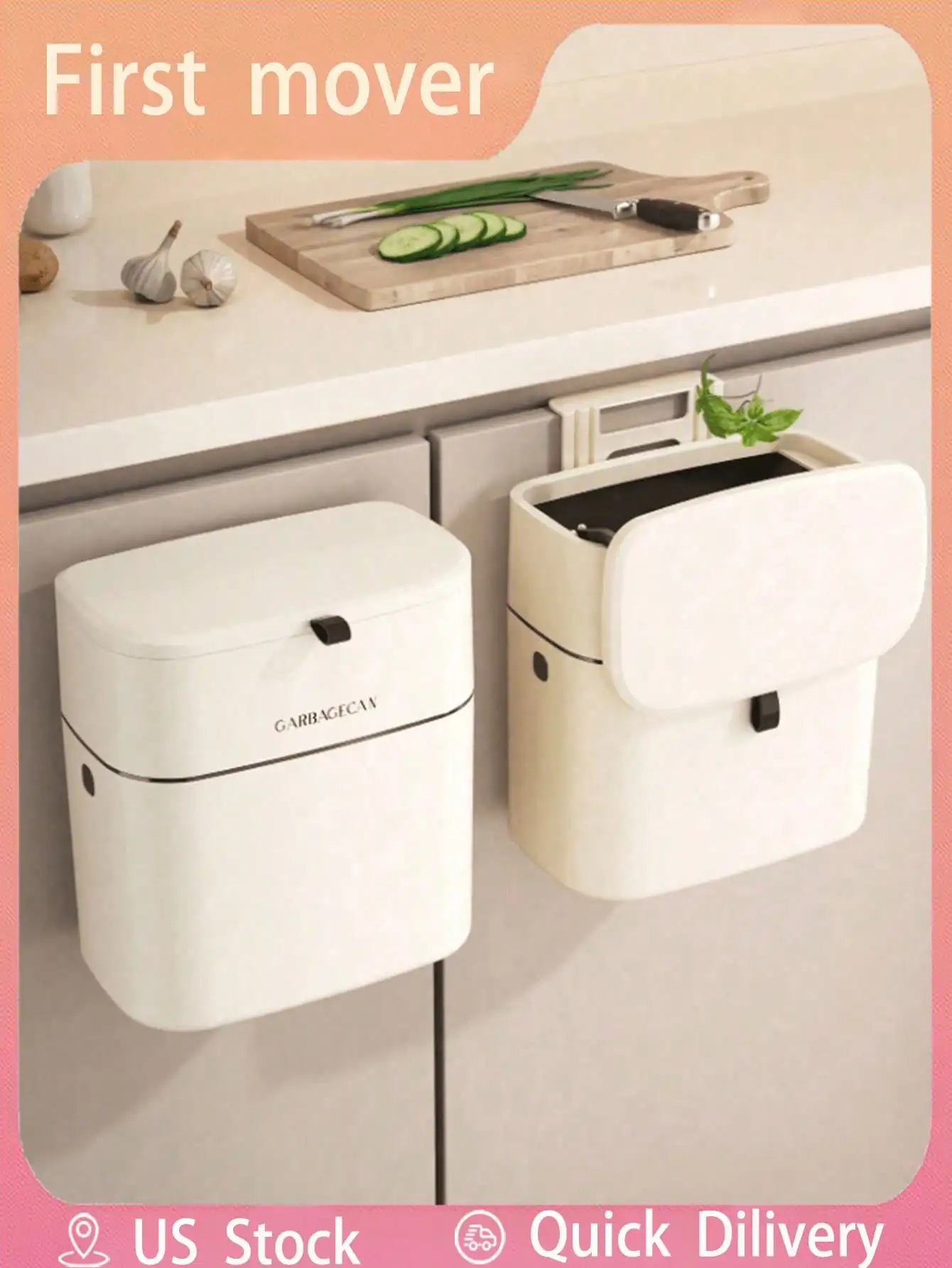

1pc Hanging Trash Bin with Lid, Hook Style for Kitchen/Bathroom