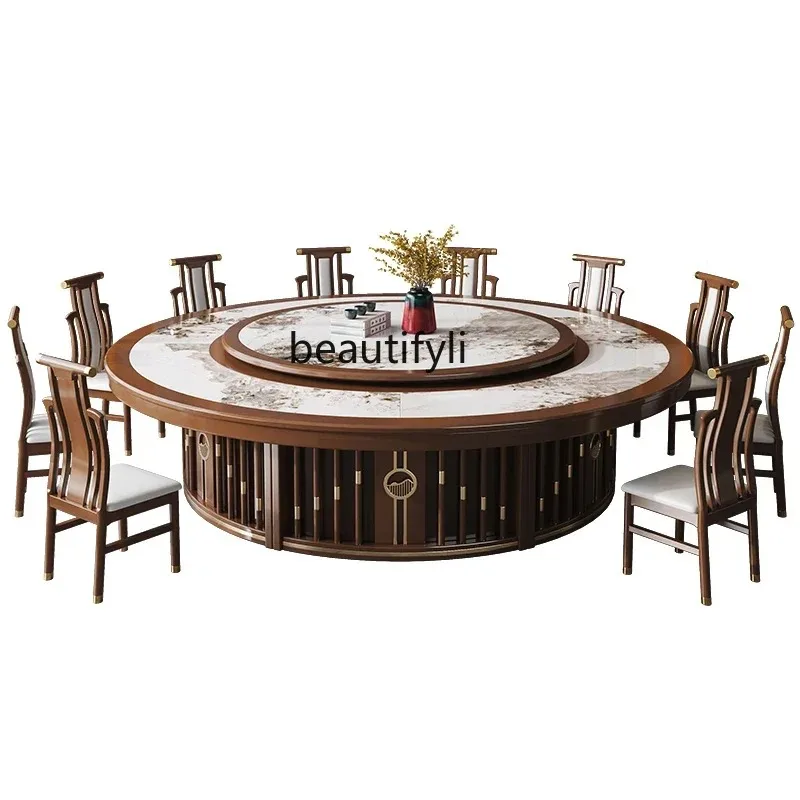 

B6 Hotel electric dining table large round table new Chinese solid wood inlaid rock slab table with turntable A57