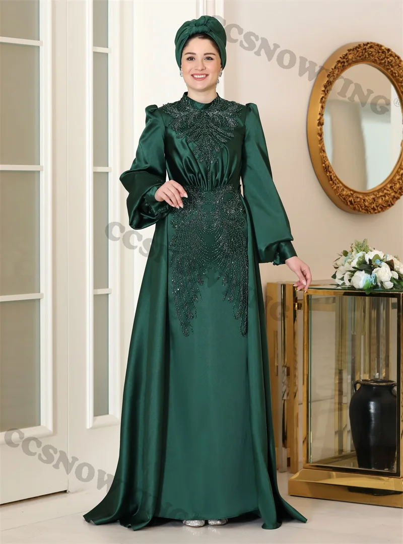 

Beaded Puffy Sleeve Muslim Evening Dresses Formal Party Gown High Neck Hijab Arabic Kaftan Robe De Soiree