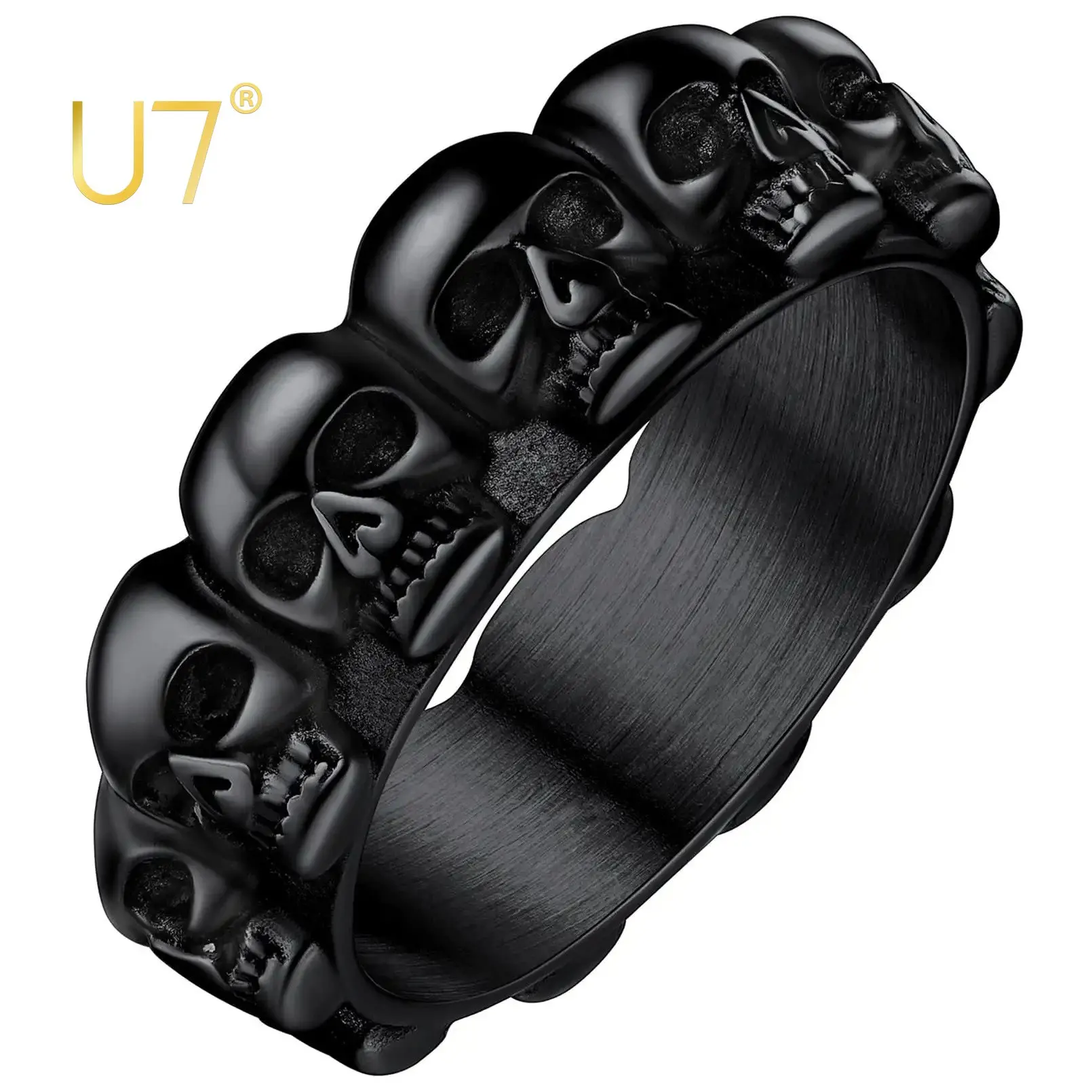 

U7 Rock Skull Band Ring for Men Women Stainless Steel Gothic Cool Punk Skeleton Jewelry for Rapper Halloween Party Dressing