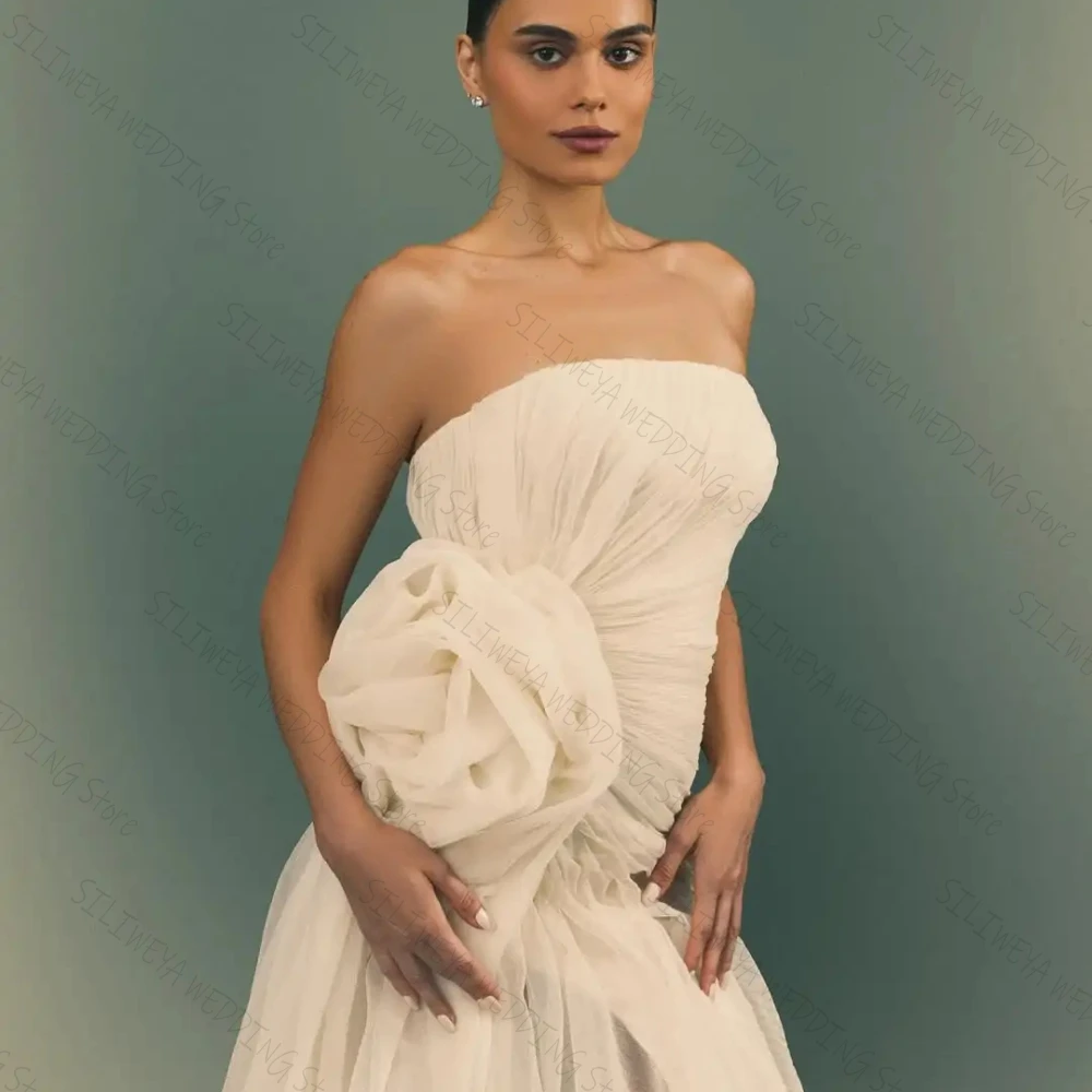 Ivory Ruffled Floral Strapless Evening Dress Custom Elegant Simple Pleated Flower Formal Party Dresses