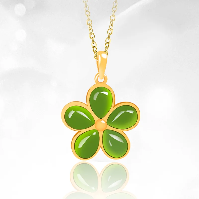 

Authentic old material Hotan Jade jasper five petal flower S925 silver authentic natural jade pendant women's necklace jewelry