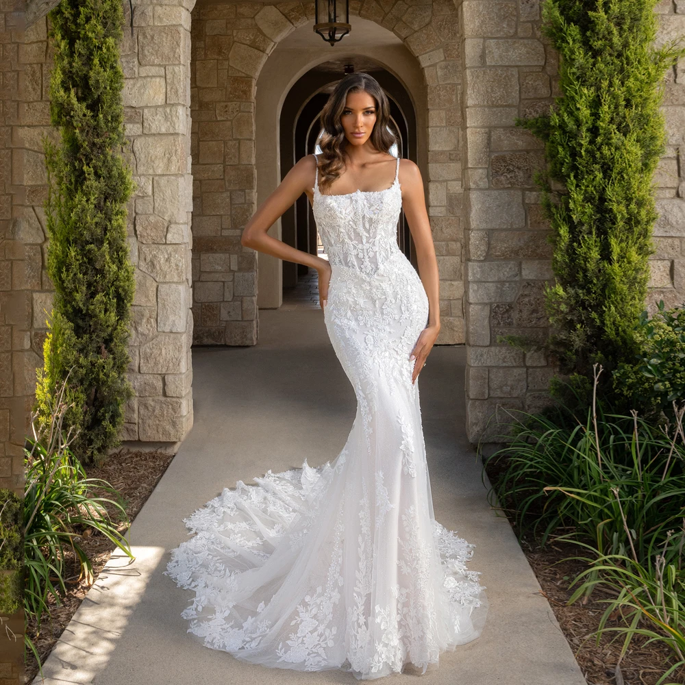 Vestidos De novia brillantes encantadores sin espalda 2026 mujer nupcial sirena tirantes espagueti apliques De tul bata De boda personalizada