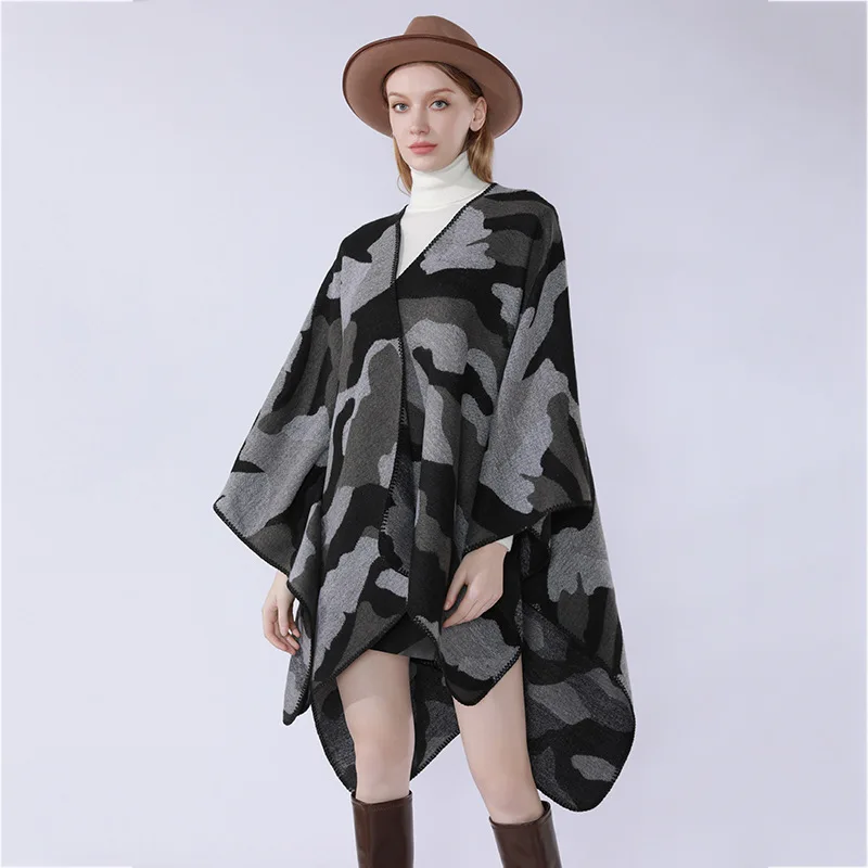 Fashion Black Grey Camouflage Acrylic Cashmere Cape Split Shawl Women Autumn Winter Casual Travel Outerwear Big Long Cloak