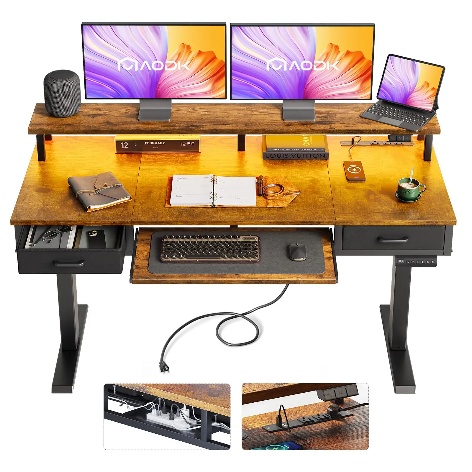 55 Inch Standing Desk with Drawers & Keyboard Tray, Rustic Brown