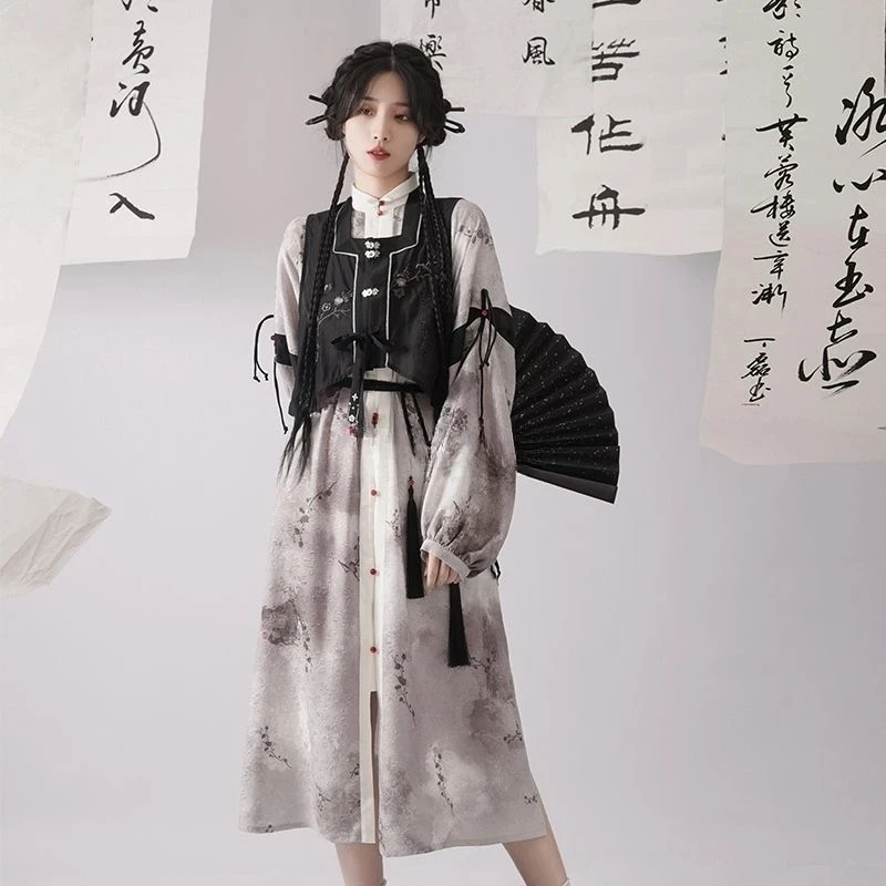 2025 مجموعة hanfu التأثيرية النمط الصيني الجديد الحديث المألوف اليومي hanfu سحر الأدب الفن خمر طقم مكون من قطعتين أسود