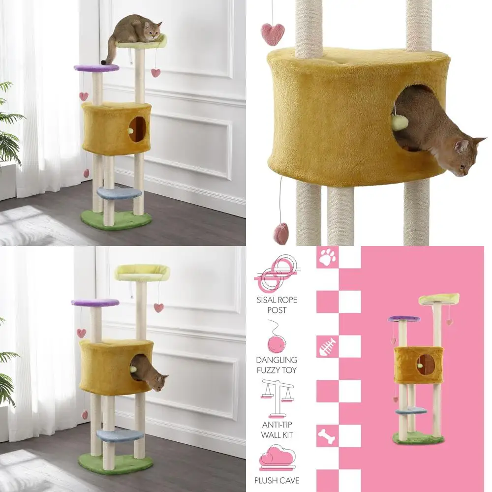 

4-Tier Modern Sisal Cat Tree with Scratching Posts, Napping Perch, and Dangling Toys, Multicolor