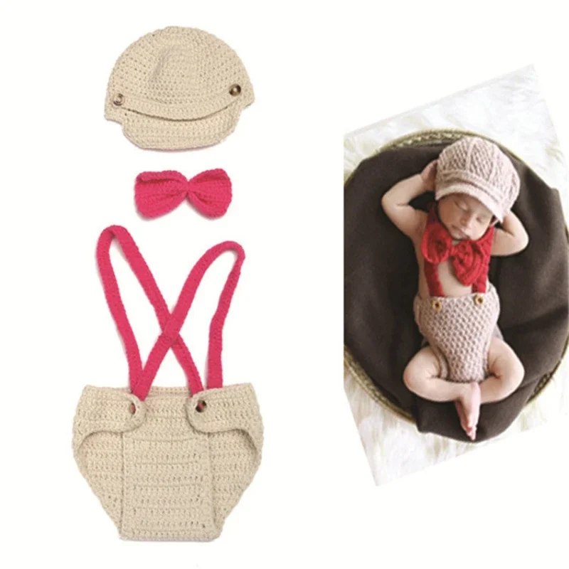 Newborn Photography Clothing Suit Cartoon Knitted Cap Bow Tie Gentleman Strap Shorts Set Cute Babies Photo Shooting Accessories