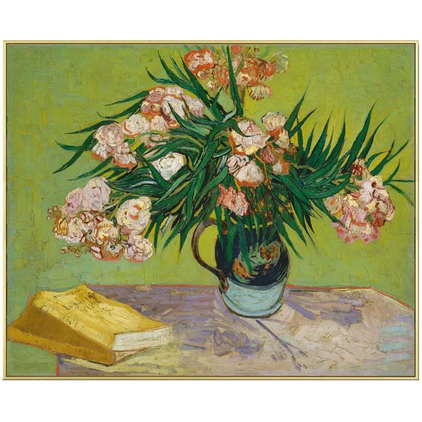 Handpainted high quality reproduction of Oleanders and Books by Van Gogh  still life painting on linen canvas Room decorations