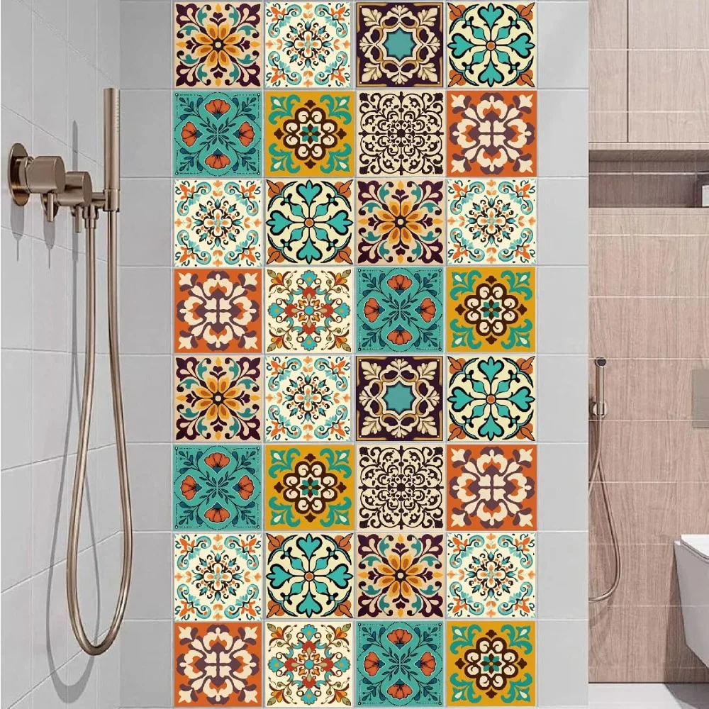 36Pcs 9 Styles Waterproof PVC Tile Stickers for Kitchen Bathroom Waterprrof Wall Tiles Square with Flower Pattern Mixed Color view 5
