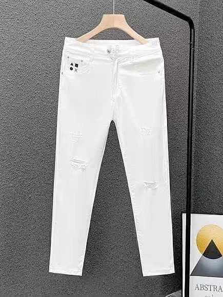 

Белые рваные джинсы с вышивкой, мужские, зауженные, из девяти частей, летние, тонкие, стильные, городские, повседневные, дышащие, из денима