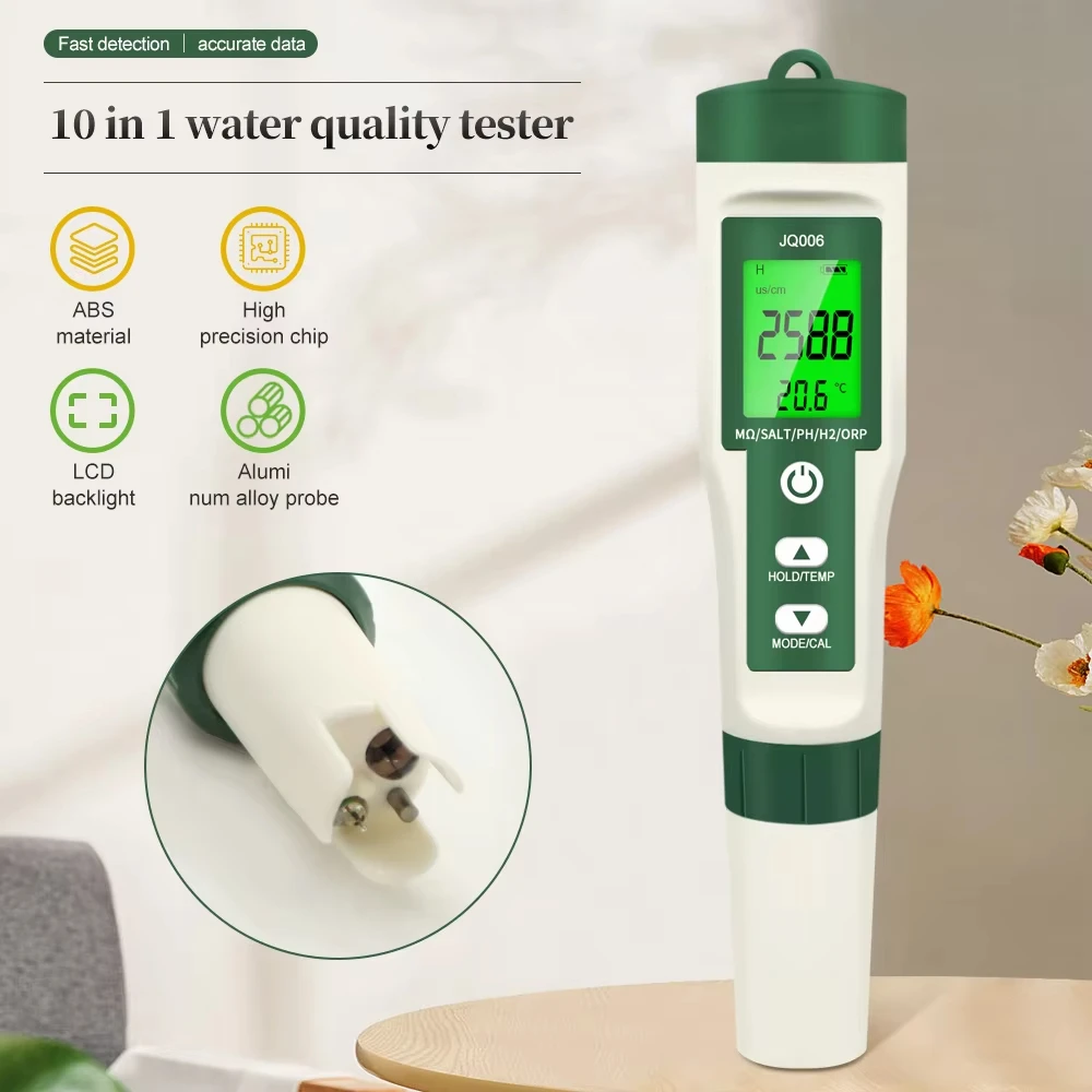 

10 in 1 Water Quality Monitor PH EC TDS ORP H2 Fertile Salinity S.G Resistivity Temp Multifunction Water Tester for Aquariums