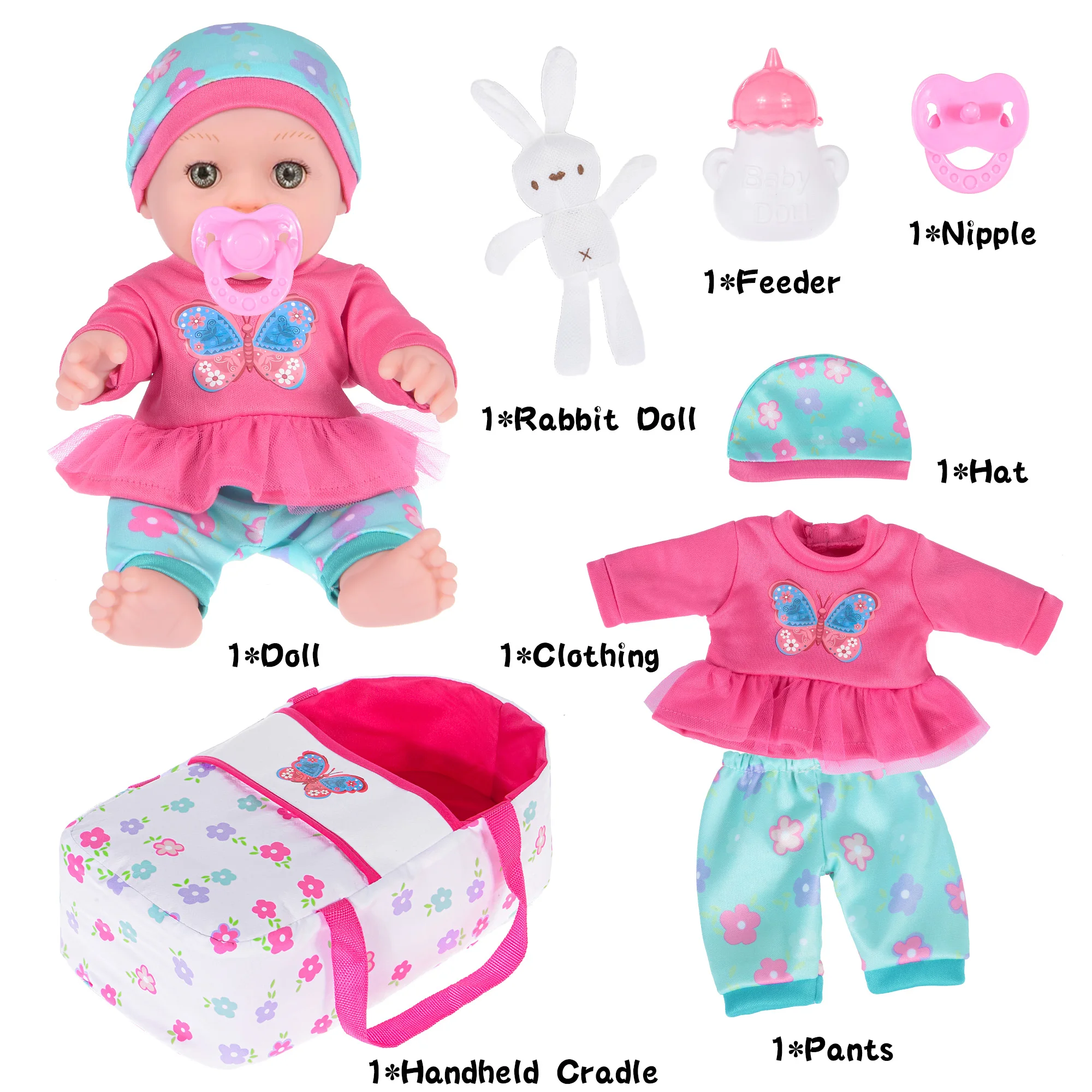 30cm / 12 inch Baby Doll with Clothes and Handheld Cradle include Nipple, Feeding Bottle, A Rabbit Toy for 3+ Kids