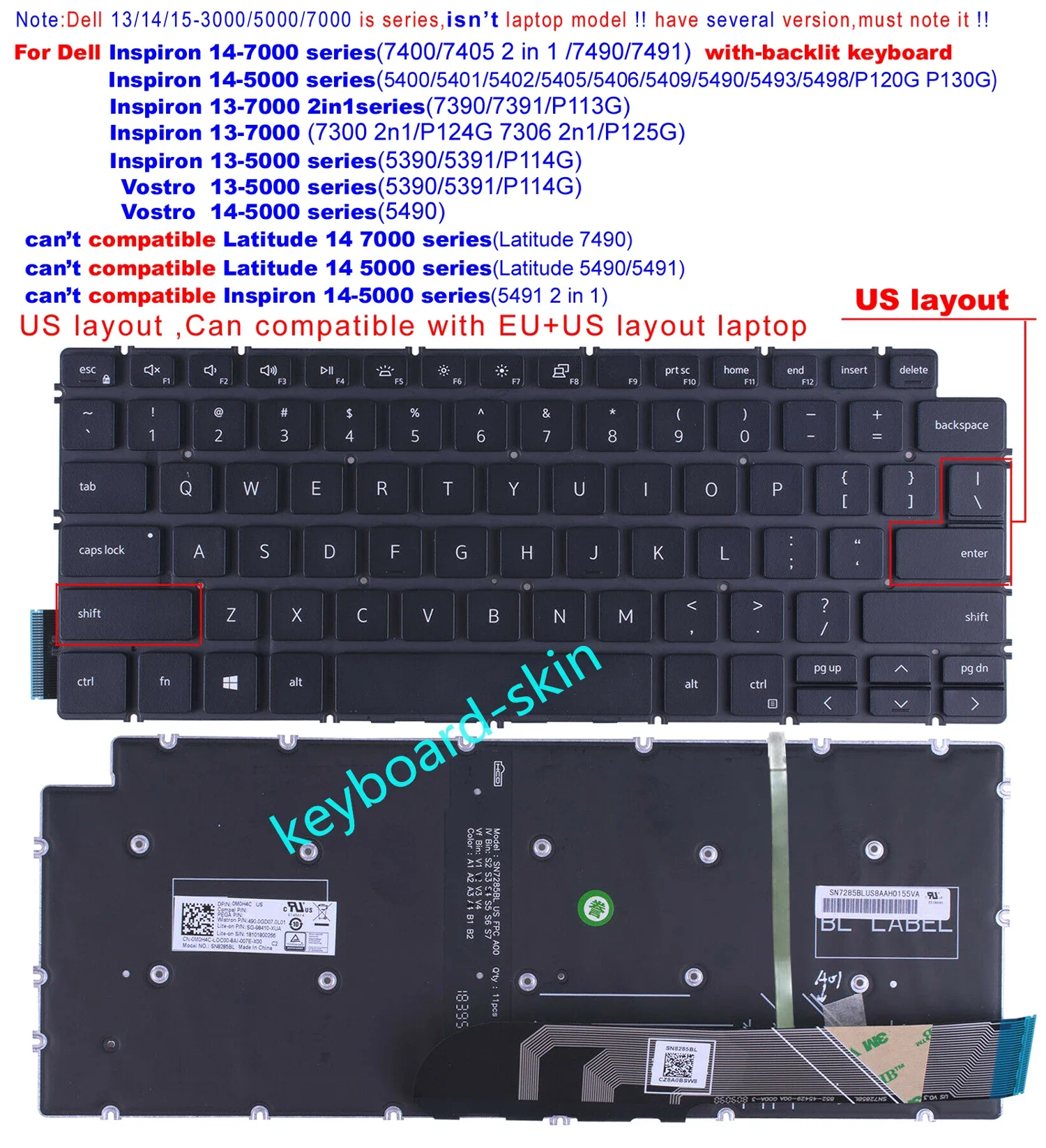 

US Keyboard backlit for Dell Inspiron 5401 5402 5405 5406 5409 5490 5493 5498 P120G P130G 7490 7491 7400 7405 2n1 5390 5391 7390