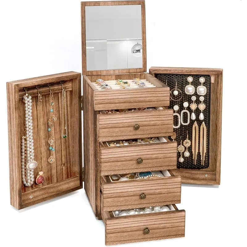 Jewelry Box Wood for Women, 5-Layer Large Organizer Box with Mirror & 4 Drawers for Rings, Earrings, Necklaces, Vintage Style